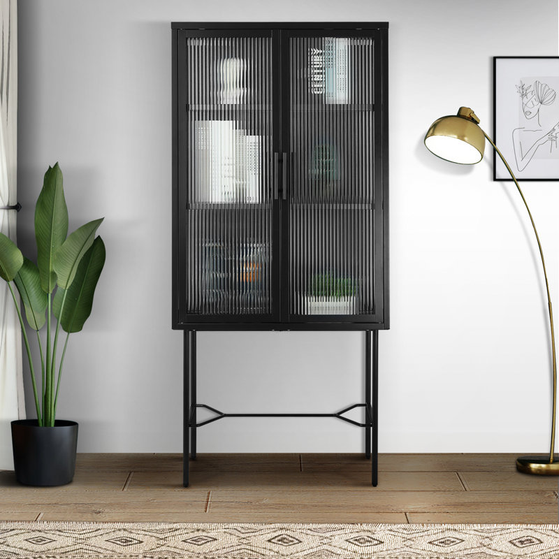 Mussab Metal Floor Cabinet with 2 Tempered Glass Doors Dust free Tall Storage Cabinet with 3 Layer Shelf